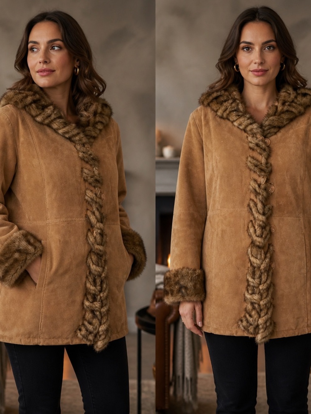 VTG-1980’s Dennis Basso-SUEDE Coat-Hat combo with a faux fur lining (RN# 98393).